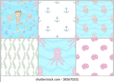 Marine set of seamless patterns