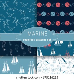 Marine set of seamless patterns. A collection of six patterns on the sea theme. Easy to use
