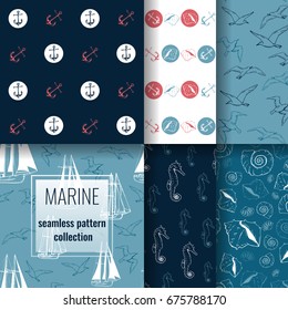 Marine set of seamless patterns. A collection of six patterns on the sea theme. Easy to use