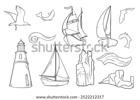 Marine set with ships vector graphic illustrations. Various boat and sea life ink silhouette hand drawn. Elements for design seascape wave rocks bird and fish black and white line. Nautical clipart.