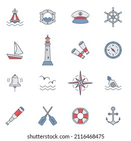 Conjunto marino de simples iconos planos de línea delgada sobre blanco. Patrón náutico sin fisuras. Faro, ancla, rueda, binocular, telescopio, yate, rosa de viento y brújula. Ilustración vectorial