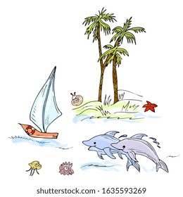 marine set. Summer vacation on the island, adventure design elements. Dolphins, island with palm trees, ship, shells, starfish. Hand drawing doodle outline.