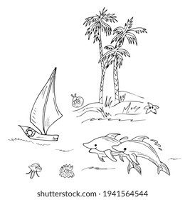 marine set. Summer vacation on the island, adventure design elements. Dolphins, island with palm trees, ship, shells, starfish. Hand drawing doodle outline.