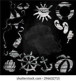Marine set of summer. vector style chalk on a blackboard