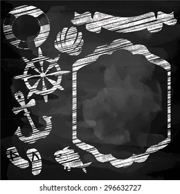Marine set of summer. vector style chalk on a blackboard