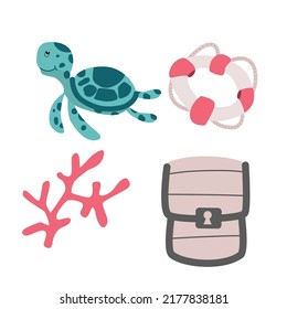 Marine set. Turtle, chest, life buoy, algae. Vector isolated illustration on white background.