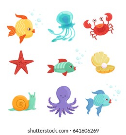 Marine set with underwater plants and sea fishes in cartoon style. Vector illustrations set