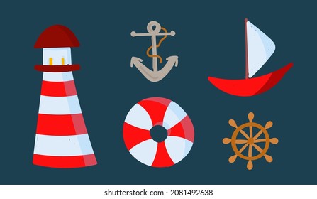 Marine set. Vector icons of lighthouse, steering wheel, anchor, lifebuoy, boat in cartoon style.