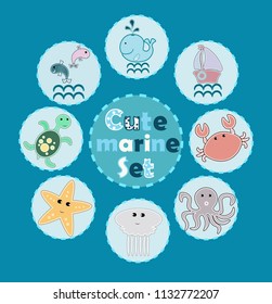 Marine set of vector illustration on the marine theme. Baby showers. Collection of sea animals in cartoon style. Tropical summer pictures. Sea life illustration.