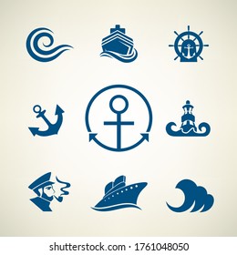 Marine set of vector logo ship, wave, ship captain, lighthouse, anchor and helm.