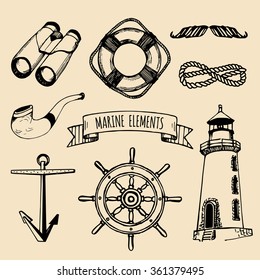 Marine set. Vector nautical elements. Hand sketched sea illustrations. Vintage pirate adventures signs. Maritime design collection. Seaside background. Naval drawing series.