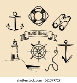 Marine set. Vector nautical elements. Hand sketched sea illustrations. Vintage pirate adventures signs. Maritime design collection. Seaside background. Naval drawing series.