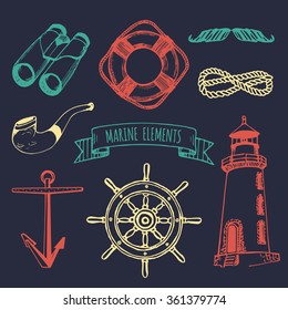 Marine set. Vector nautical elements. Hand sketched sea illustrations. Vintage pirate adventures signs. Maritime design collection. Seaside background. Naval drawing series.