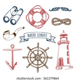 Marine set. Vector nautical elements. Hand sketched sea illustrations. Vintage pirate adventures signs. Maritime design collection. Seaside background. Naval drawing series.