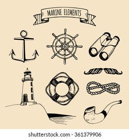 Marine set. Vector nautical elements. Hand sketched sea illustrations. Vintage pirate adventures signs. Maritime design collection. Seaside background. Naval drawing series.