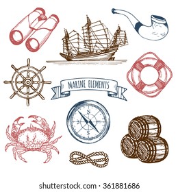 Marine set. Vector nautical elements. Hand sketched sea illustrations. Vintage pirate adventures signs. Maritime design collection. Seaside background. Naval drawing series.