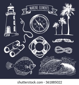 Marine set. Vector nautical elements. Hand sketched sea illustrations. Vintage pirate adventures signs. Maritime design collection. Seaside background. Naval drawing series.
