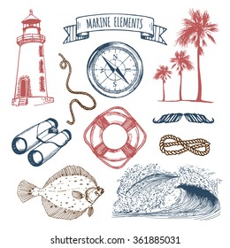Marine set. Vector nautical elements. Hand sketched sea illustrations. Vintage pirate adventures signs. Maritime design collection. Seaside background. Naval drawing series.