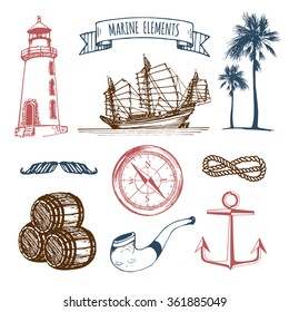 Marine set. Vector nautical elements. Hand sketched sea illustrations. Vintage pirate adventures signs. Maritime design collection. Seaside background. Naval drawing series.