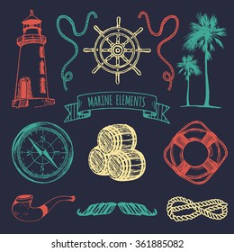 Marine set. Vector nautical elements. Hand sketched sea illustrations. Vintage pirate adventures signs. Maritime design collection. Seaside background. Naval drawing series.