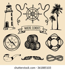 Marine set. Vector nautical elements. Hand sketched sea illustrations. Vintage pirate adventures signs. Maritime design collection. Seaside background. Naval drawing series.