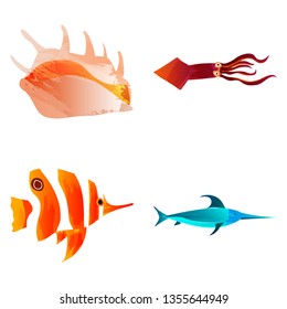 Marine set of Watercolor Vector Tropical Fish, sea shell ,squid