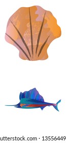 Marine set of Watercolor Vector Tropical Fish, shell, marlin. Underwater Watercolor Vector illustration