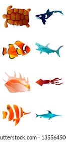 Marine set of Watercolor Vector Tropical Fish, turtle, killer whale, shark, shell, squid, fish sword. Underwater Watercolor Vector illustration