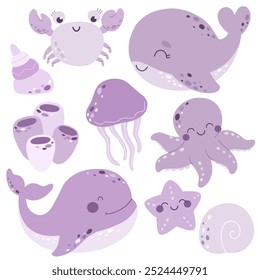 Marine set with whales, shells, crab and octopus. Cute sea creatures in flat style.