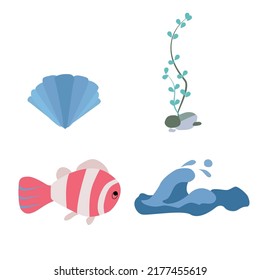 Marine set.Shell,algae, fish, wave. Vector isolated illustration on white background.