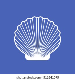 Marine shell or seashell scallop vector isolated on blue