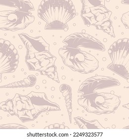 Marine shells monochrome seamless pattern with ball precious pearls or seashells in form long spiral among water bubbles vector illustration
