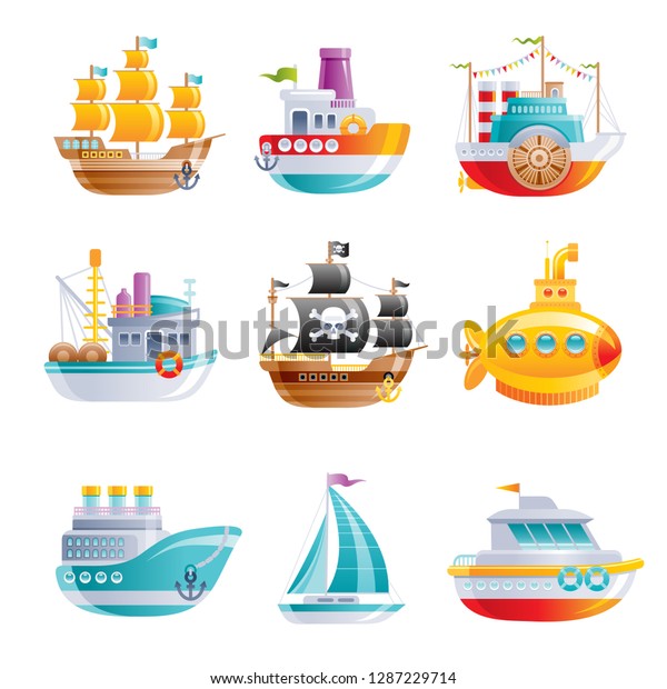 Marine ship icon set. Boat, sailship, pirate\
galleon, cruise, yellow submarine, motor boat, fishing trawler. 3D\
Cartoon water transport design. Flat vector illustration isolated\
on white background.