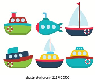 Marine ship icon set. Cartoon water transport design. Flat vector illustration isolated on white background