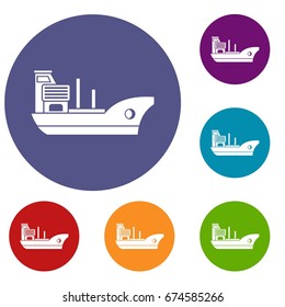 Marine ship icons set in flat circle reb, blue and green color for web