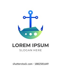 marine ship logo, anchor and ship, combination logo with 3d blue and green color style