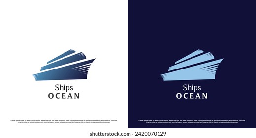 Marine ship logo design illustration. Silhouette of sea transportation floating the waters of a dinghy ferry boat. Simple flat icon symbol gradient blue business elegant serious minimal abstract.