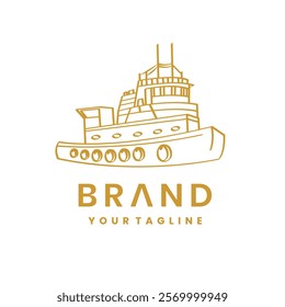 Marine ship logo illustration design. Marine ship logo in gold color. Vintage ship line art.