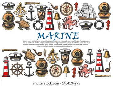 Marine ship, nautical anchor, helm and vintage compass vector banner. Sailing boat, sea captain and retro diver helmet, lighthouse, spyglass and lifebuoy ring, bell, octopus and turtle sketches