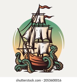 Marine ship and octopus at the sea. Nautical wanderlust and adventure illustration. Ocean devilfish