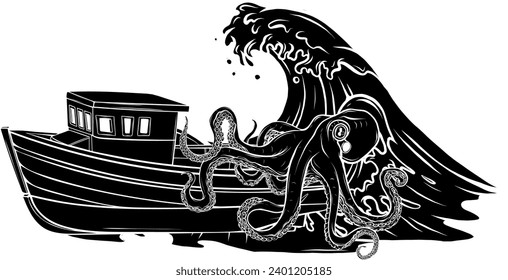 Marine ship and octopus at the sea. Nautical wanderlust and adventure illustration. Ocean devilfish
