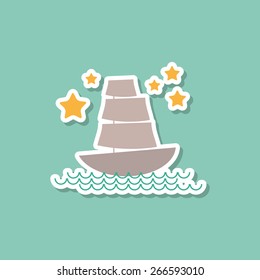 Marine ship sailboat, stars on blue background. Modern style flat. Vector