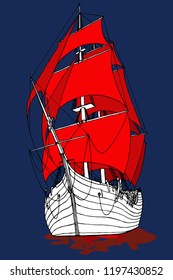 marine ship with Scarlet sails frigate fabulous vector