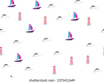 Marine, ship, summer seamless pattern. Yachts, sailboat, boats, dolphins, lighthouse cute doodle baby elements. Sea summer background. Childish background for fabric, baby clothes, Hand drown elements