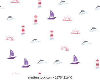 Marine, ship, sun, summer seamless pattern. Yachts, sailboat, boats, dolphins, cute doodle baby elements. Sea summer background. Childish background for fabric, baby clothes, Hand drown elements