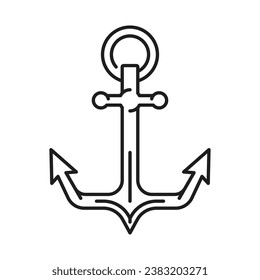 Symbol oder Zeichen für die Umrisslinie eines Schiffes oder Schiffes. Schiff oder Segelyacht-Hakensymbol, schwere Navy-Schiff-Ausrüstung oder Segelclub-Boot-Metallanker, Seeschifffahrt-Linie Vektorzeichen