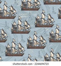 Marine ship vintage colorful pattern seamless with sea vessel with white sails and lighthouses guiding medieval explorers ocean vector illustration