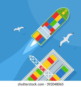 Marine Shipping. Cargo port, Seagulls flying, containers. Top view. Ship, sea, shipping transport industry, crane. Editable vector illustration