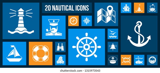 Marine silhouette icons set. Kit of nautical web signs. Pictogram collection includes sea knot, anchor, porthole, captain hat. Simple white contour symbol. Marine vector Icon shape