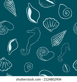 Marine simple seamless pattern with a universal shell pattern on a green background. For any textile design, wallpaper or background. Vector for design.